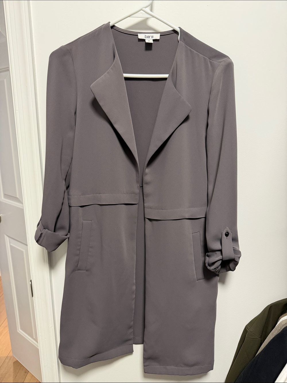Bar III Mauve-Grey Longline Open Front Trench Coat